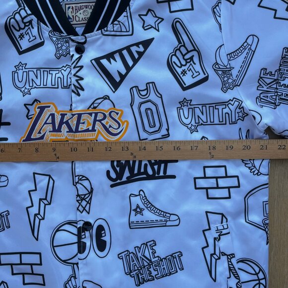 MITCHELL & NESS LAKERS GRAPHIC DOODLE SATIN BOMBER JACKET Women’s sz M White - Picture 11 of 13